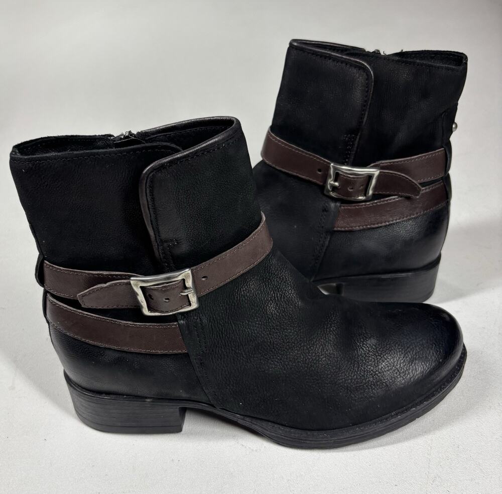 Miz Mooz Novo Booties Womens 38/ 8 Black Leather Moto Ankle Boots Harness Buckle